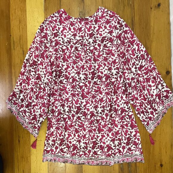 Soft Surroundings Womens Small Boho Tunic 100% Rayon Pink White V-Neck Tassels - Picture 6 of 12
